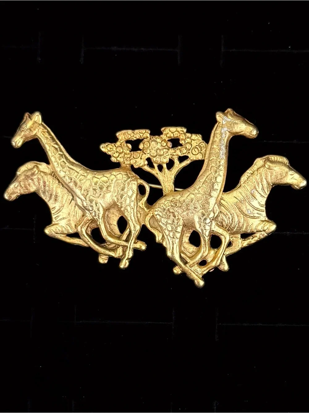 Vintage AJC Gold Tone Safari Giraffe Zebra African Wildlife Brooch Pin